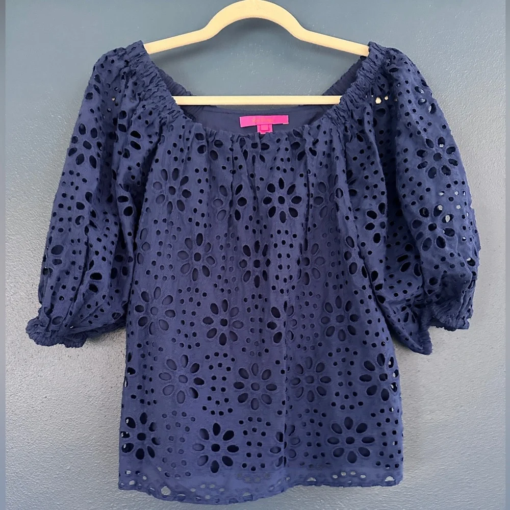 Lilly Pulitzer Blue Blouse Puff Sleeve Embellished - Picture 1 of 3